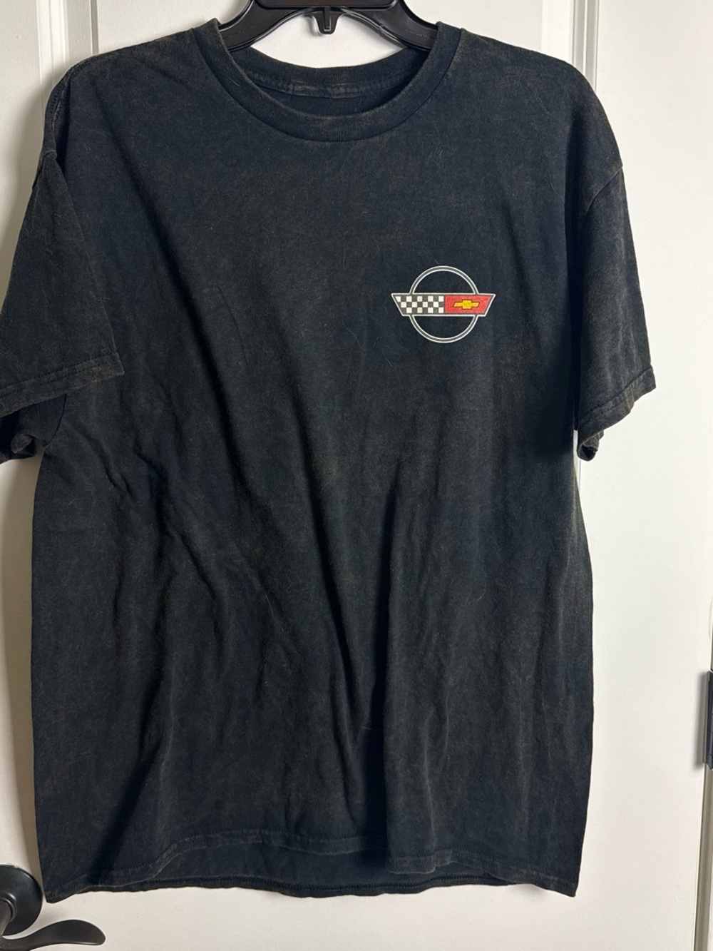 Hybrid Apparel Black Short Sleeve Tee with Small Red & Yellow Racing Emblem